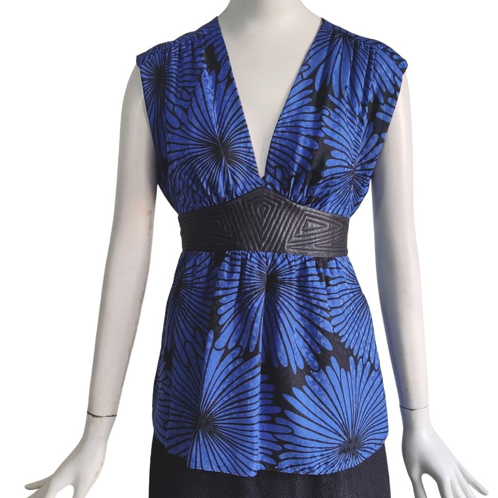 Alice & Trixie Boho Floral Tie Waist Embossed Royal Blue Silk Tunic Top Sz XS